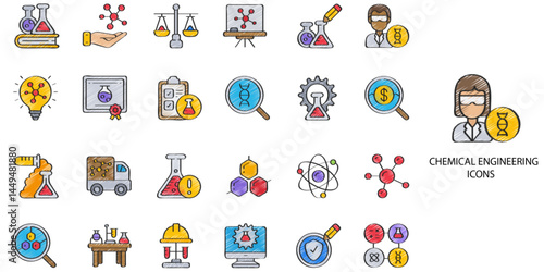 Chemical Engineering simple concept 24 hand drawn color icons set. Contains such pharmaceutical, petrochemical, chemist, technology, industry, factory .Vector illustration.
