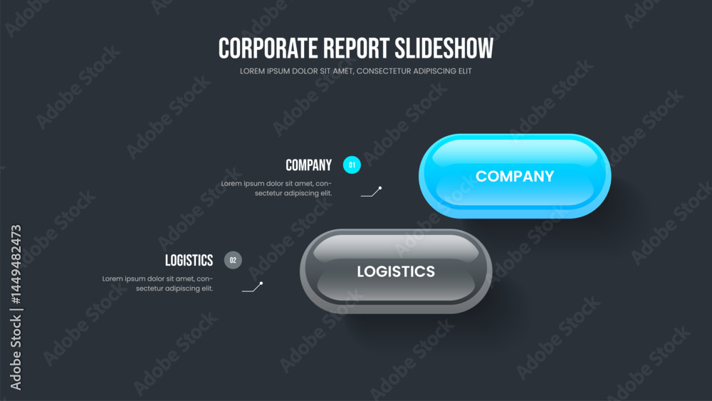 Fototapeta premium Project Launch Two Option Diagram Slideshow Layout. Business Introduction 2 Element Infographic Frame Design. Service Performance Presentation Template Vector Illustration.
