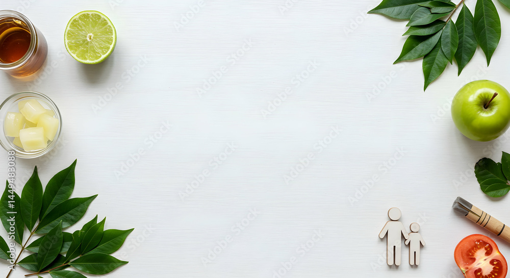 Arrangement of Green Apple Lime and Other Foods on White Background Arrangement of Green Apple Lime and Other Foods on White Background