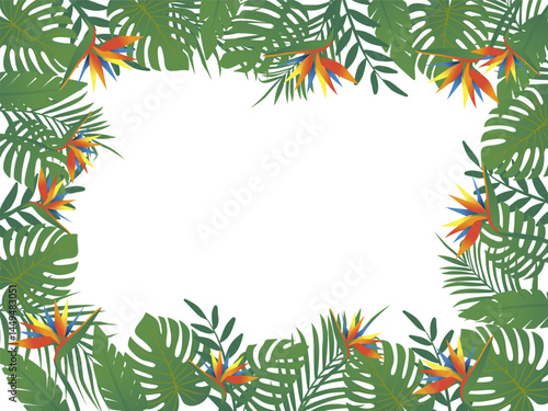 Horizontal frame of tropical leaves and bright flowers isolated on white background. Hand drawn vector illustration