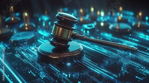 Digital Law and Justice Gavel on Circuit Board for Tech Legal Issues and Cybercrime Solutions