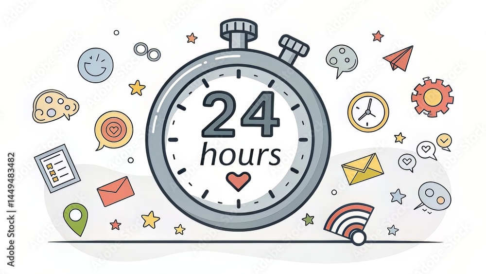 Obraz premium A flat stopwatch graphic labeled ?24 Hours,? surrounded by scattered cartoon symbols.