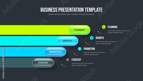Product Visualization 4 Option Diagram Presentation Template. Professional Analysis Four Element Infographic Slideshow Design. Financial Strategy Frame Layout Vector Illustration.