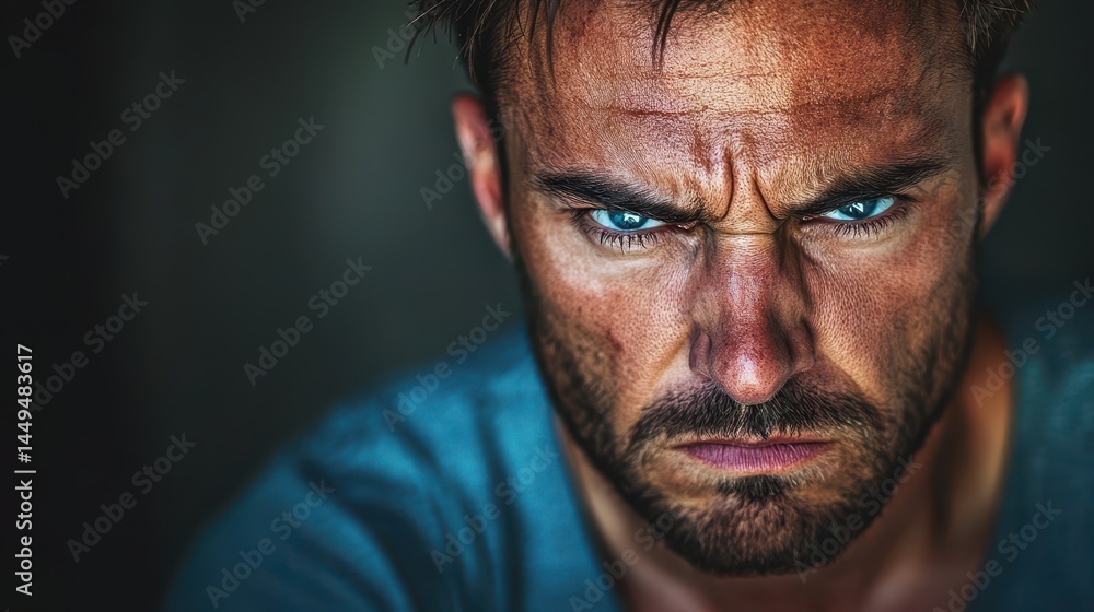 Angry man stares intensely, brow furrowed, against a dark background. It can illustrate rage, frustration, or any strong negative emotion. Angry man stares intensely, brow furrowed, against a dark background. It can illustrate rage, frustration, or any strong negative emotion.