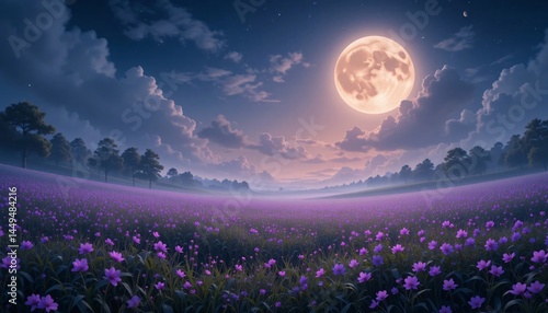 Magical Moonlight over a Field of Purple Flowers