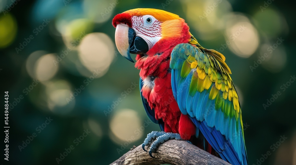 A vibrant scarlet macaw perched on a branch. A vibrant scarlet macaw perched on a branch.
