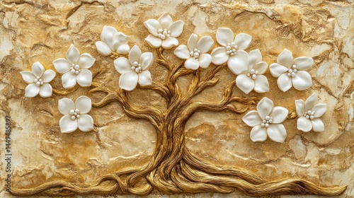 Decorative wall art of a golden tree with white flowers