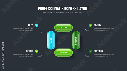 Investor Showcase Presentation Template Vector Illustration. Enterprise Solution 4 Step Diagram Slideshow Design. Business Development Four Element Infographic Slide Layout.