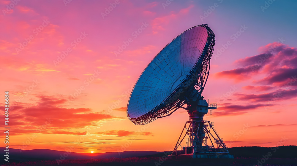 A satellite dish silhouetted against a colorful sunset sky, emphasizing technology and communication in a serene landscape. A satellite dish silhouetted against a colorful sunset sky, emphasizing technology and communication in a serene landscape.