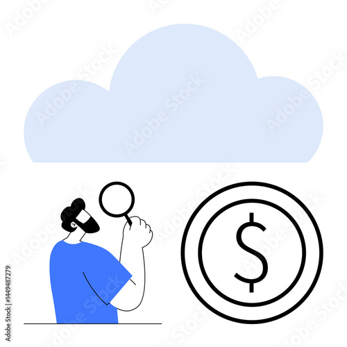 Person holding magnifying glass, large cloud, and dollar sign focusing on analysis, finance, cloud computing, data, technology, digital economy. Ideal for fintech research simple landing page
