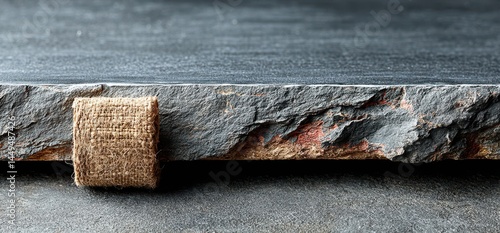 Dark gray stone texture with jute fabric, close-up view of rough and textured materials ideal for backgrounds