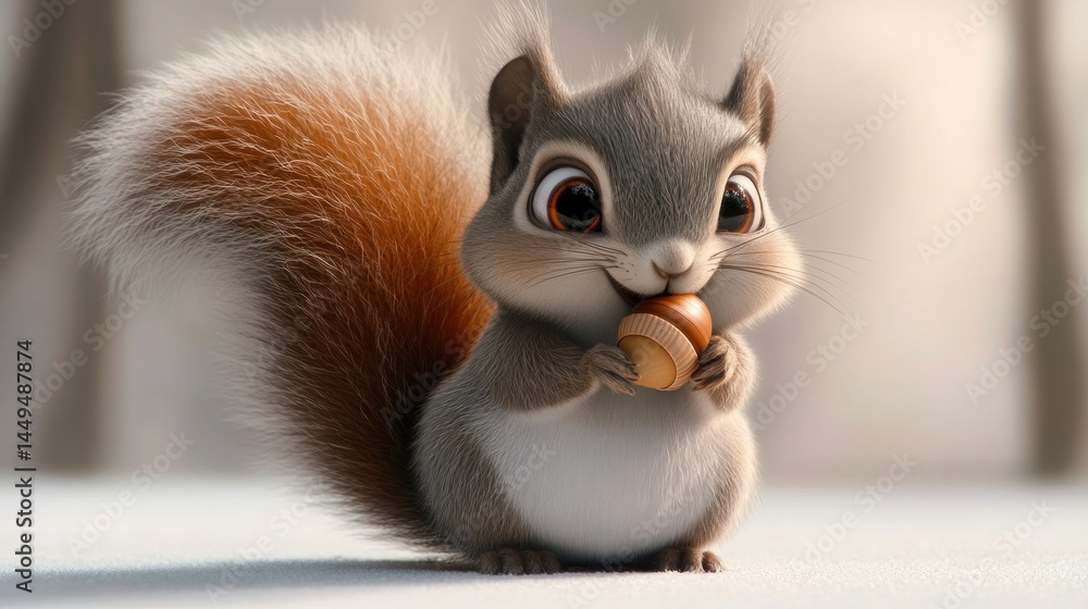 Fototapeta premium Cute 3D rendered squirrel enjoying an acorn