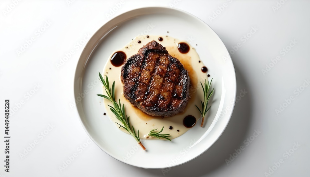 Top view of grilled filet mignon steak dish served on white plate with sauce and herbs. Food photo for restaurant menu. White background. Gourmet meal.