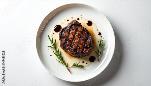 Obraz na płótnie Top view of grilled filet mignon steak dish served on white plate with sauce and herbs. Food photo for restaurant menu. White background. Gourmet meal. w salonie