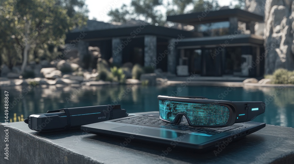 Obraz premium Futuristic VR glasses, laptop, and device by pool
