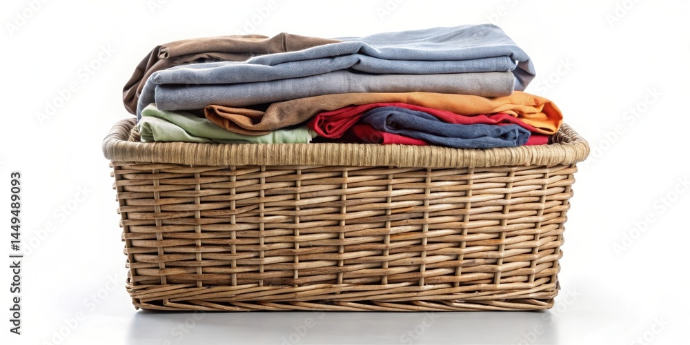 Obraz premium Pile of clothes in a square wicker basket isolated on background, natural material
