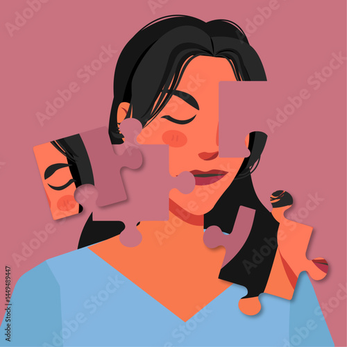 mental health woman puzzled self perceptions in flat illustration