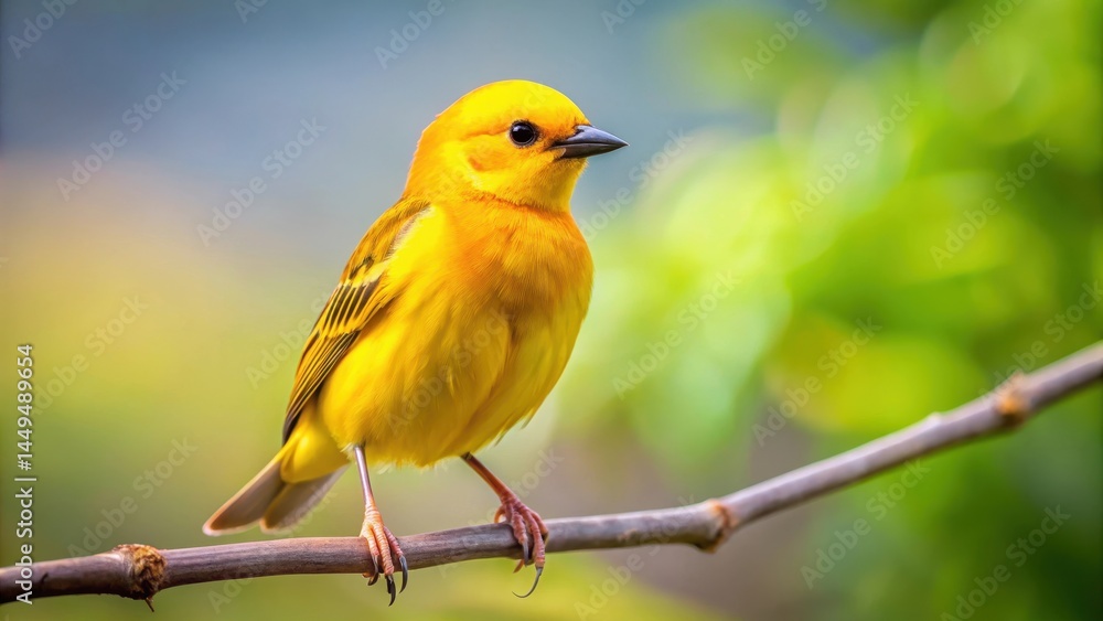 Obraz premium Bird perched on branch with bright yellow feathers, vibrant, bird on perch, vibrant, bird on perch