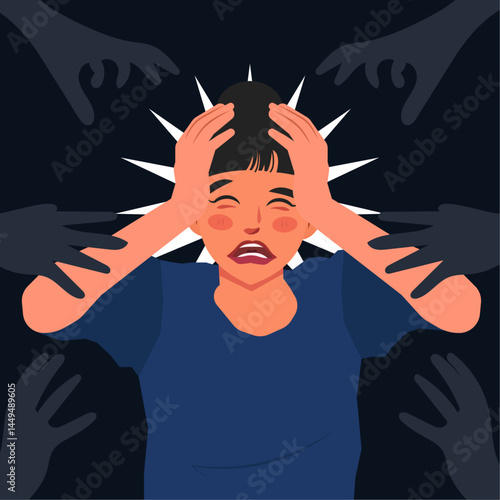 mental health woman panic attack hands in flat illustration