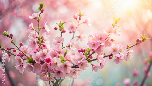 Delicate pink cherry blossoms adorn beautiful spring bouquet of cherry tree branches with subtle greenery and soft light filtering through , spring flowers, blooming trees