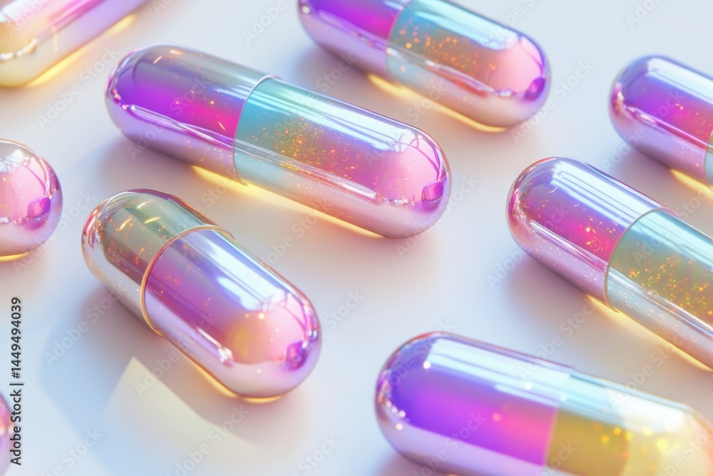 Close up on colorful iridescent capsule pills on a white background. It's perfect for illustrating pharmaceutical and medical concepts. Close up on colorful iridescent capsule pills on a white background. It's perfect for illustrating pharmaceutical and medical concepts.