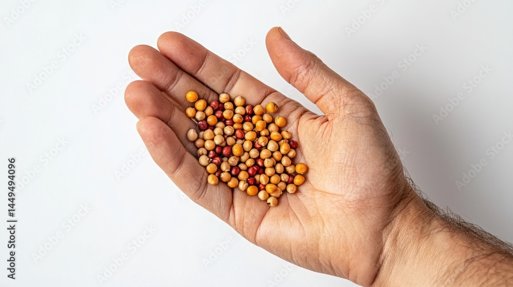 Fototapeta premium A hand holding a handful of freshly harvested grains, white background