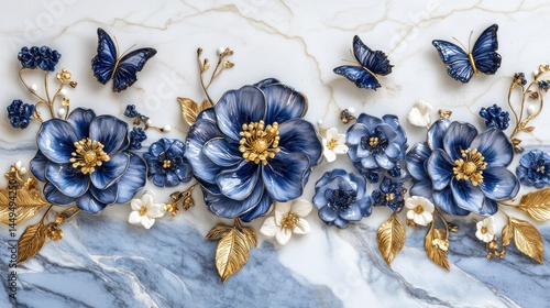 Elegant blue flowers with butterflies on marble