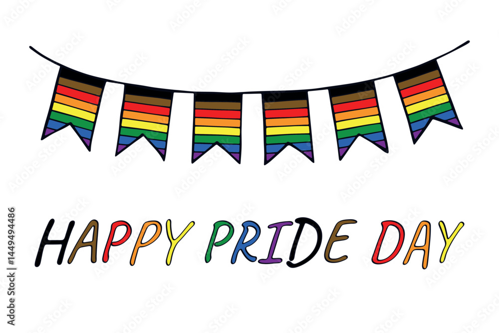 Fototapeta premium Colorful garland Gay pride flag Happy pride day LGBTQIA community Pride Month Vector hand drawn doodle for posters, stickers, logo, cards