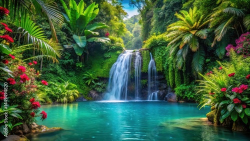 Lush green foliage surrounds a serene tropical waterfall cascading into an azure pool, surrounded by vibrant exotic flowers and lush tropical plants, azure, cascading water