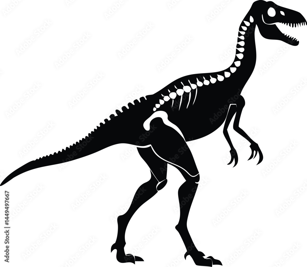 art shows a black dinosaur with visible skeletal elements over a white background art shows a black dinosaur with visible skeletal elements over a white background