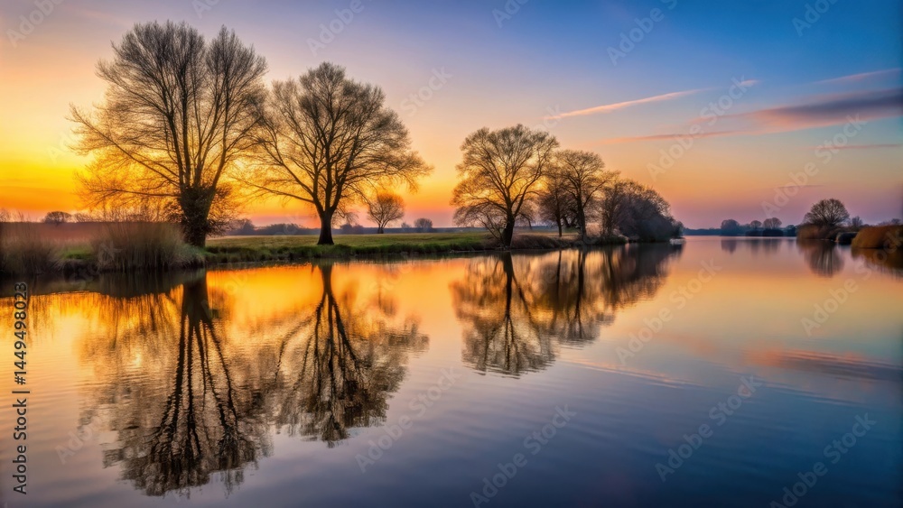 Softly glowing sunset reflected on the calm surface of the River Yare at dusk, tree silhouette, reflection Softly glowing sunset reflected on the calm surface of the River Yare at dusk, tree silhouette, reflection