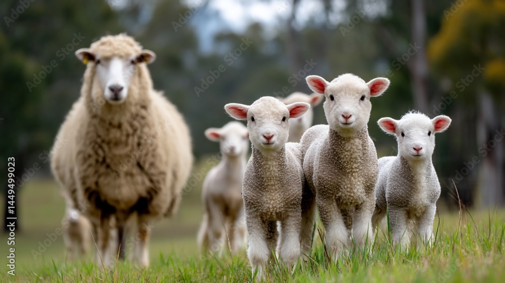 Obraz premium Sheep and lambs in a grassy field, showcasing farm life, possible use for nature, animal, or agriculture stock photography