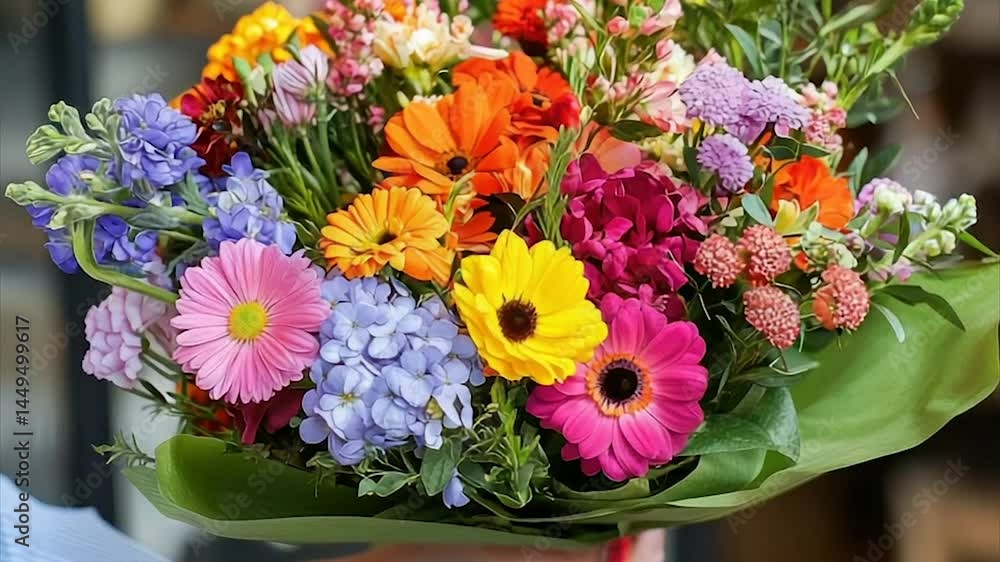 Vibrant bouquet of colorful flowers. A hand holds a large, mixed flower arrangement of various hues. A rainbow of colors in one beautiful gift Vibrant bouquet of colorful flowers. A hand holds a large, mixed flower arrangement of various hues. A rainbow of colors in one beautiful gift