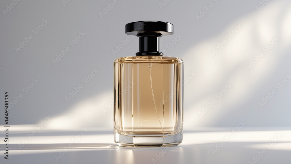 Oval Glass Perfume Bottle with Black Cap on Pastel Blue Background – 4K Photorealistic Mockup Oval Glass Perfume Bottle with Black Cap on Pastel Blue Background – 4K Photorealistic Mockup