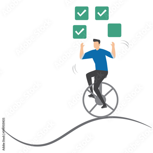 Businessman juggling checkbox while balancing on unicycle symbolizing task management and productivity