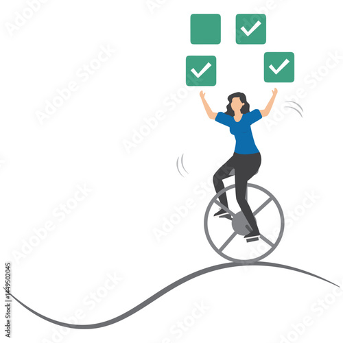 Businesswoman juggling checkbox while balancing on unicycle symbolizing task management and productivity