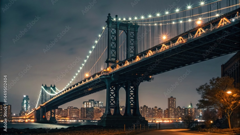 Manhattan bridge at night with city skyline and sparkling lights Manhattan bridge at night with city skyline and sparkling lights