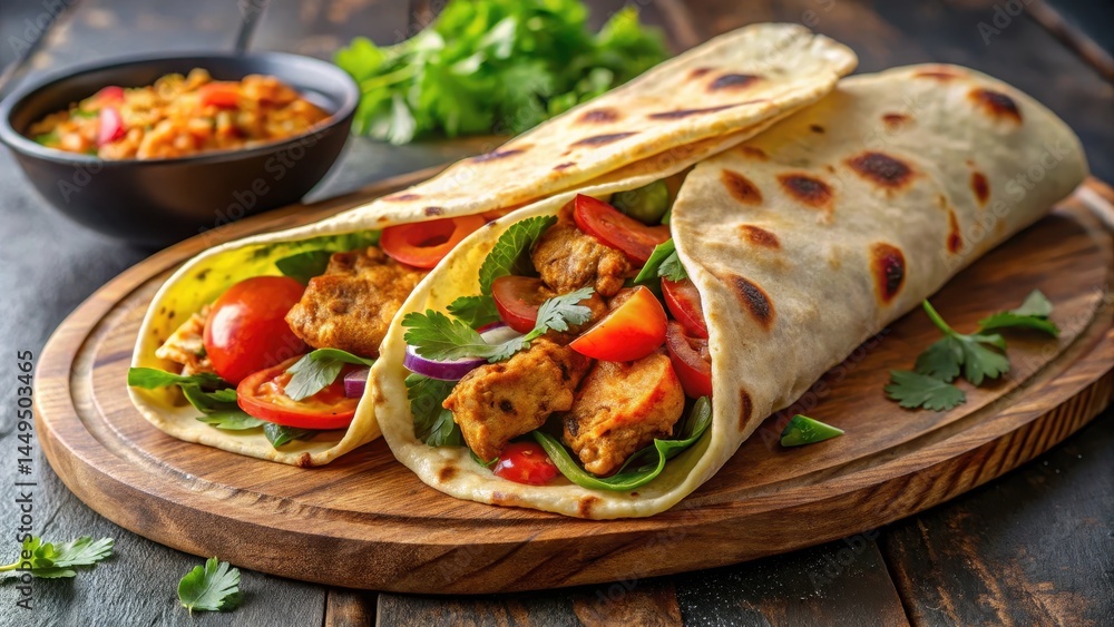 Chicken Kati Roll with Spicy Filling and Soft Flatbread, meal, Indian cuisine, meal Chicken Kati Roll with Spicy Filling and Soft Flatbread, meal, Indian cuisine, meal