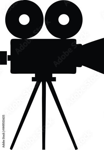 Black vintage cinema camera stands firmly on its tripod, a simple, evocative icon