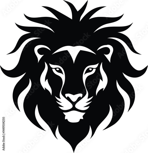 Bold monochrome lion head with mane displays a confident animal visage