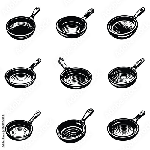 A cast iron skillet silhouette black vector artwork illustration, frying pan line art silhouette vector