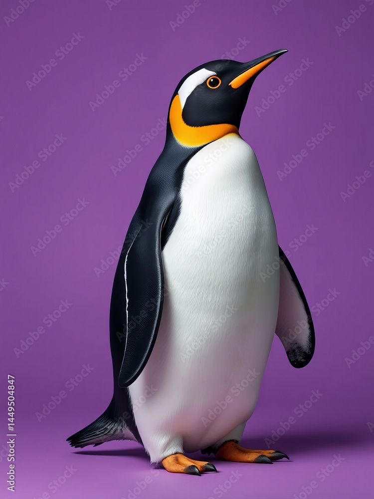 Fototapeta premium an image of a penguin standing on a purple surface, there is a penguin that is standing on a purple surface