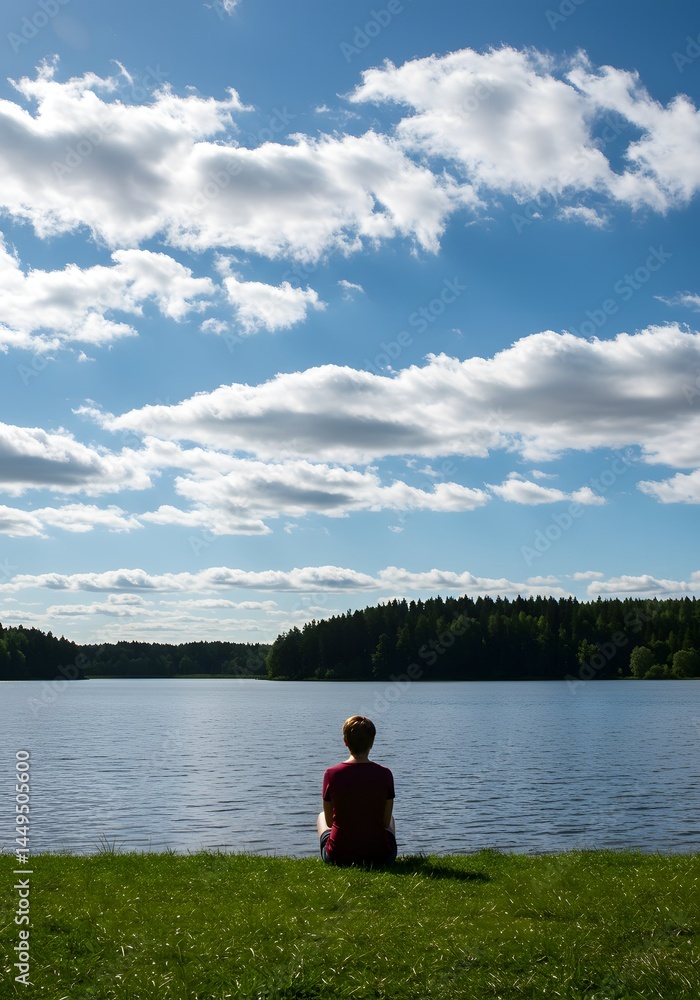 Solitary contemplation by the lake: Serene back view of a person enjoying nature's tranquility under a captivating azure sky with fluffy clouds Solitary contemplation by the lake: Serene back view of a person enjoying nature's tranquility under a captivating azure sky with fluffy clouds
