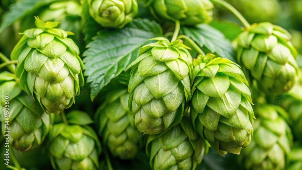 Fototapeta premium Fresh green hops cones close-up , Fresh green hop cones