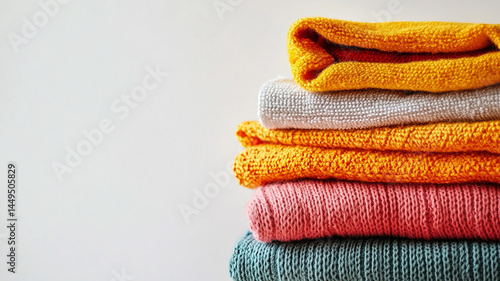 Stack of clean clothes on white background