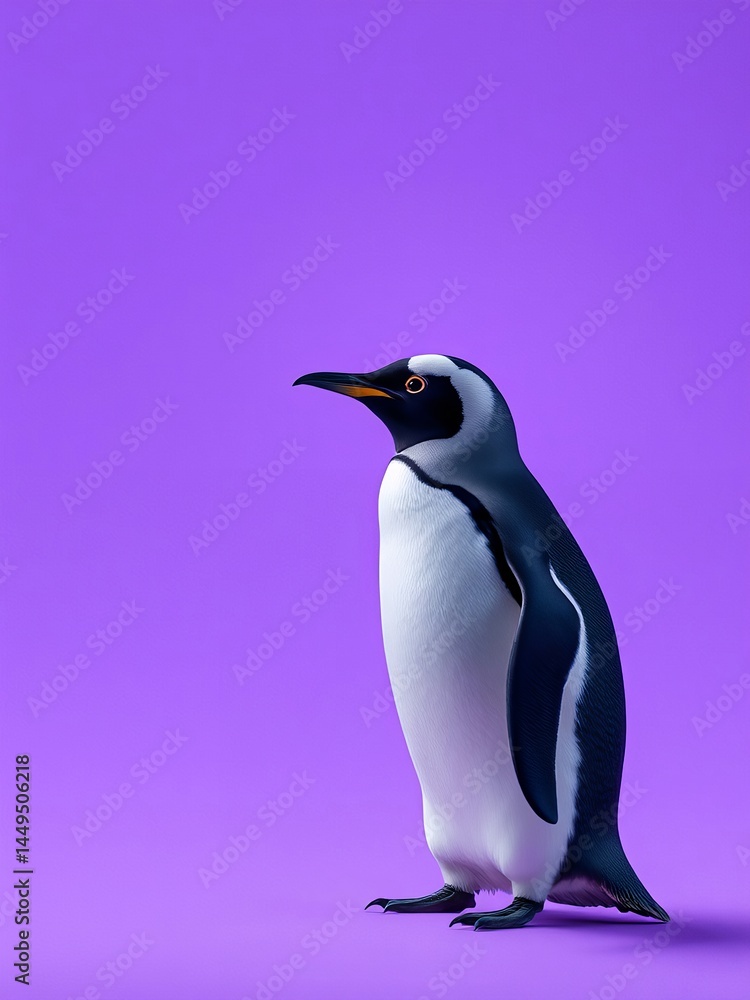 Fototapeta premium an image of a penguin standing on a purple surface, there is a penguin standing on a purple surface with a purple background