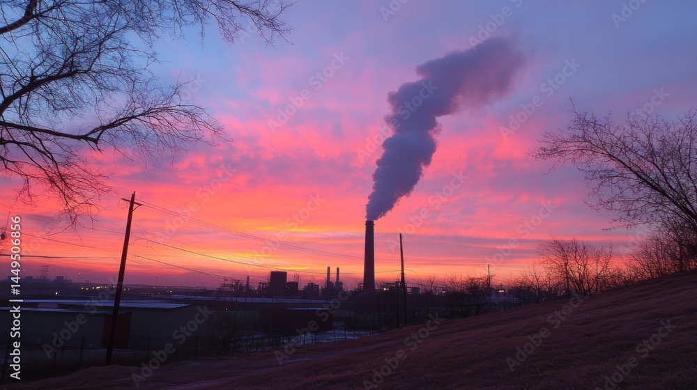 Obraz premium Colorful sunrise over industrial landscape with smoke.