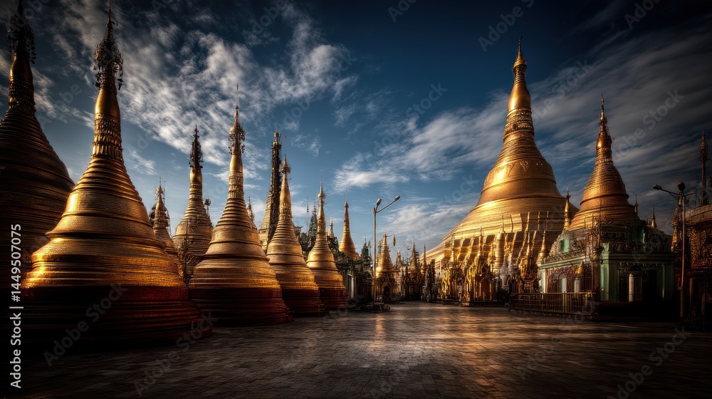 Naklejka premium Golden pagodas under a dramatic sky