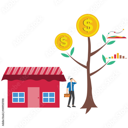 Businessman think between paying off mortgage and investing in stock market for profit symbolizing tough financial decision