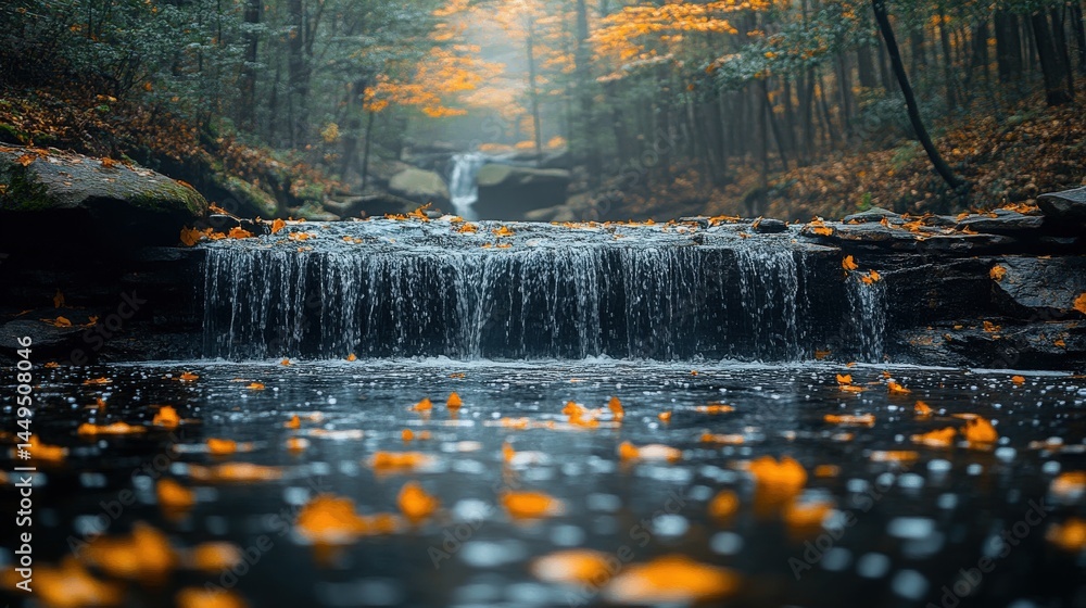 Naklejka premium Autumnal Serenity Waterfall Flowing Through Woodland Foliage Cascade
